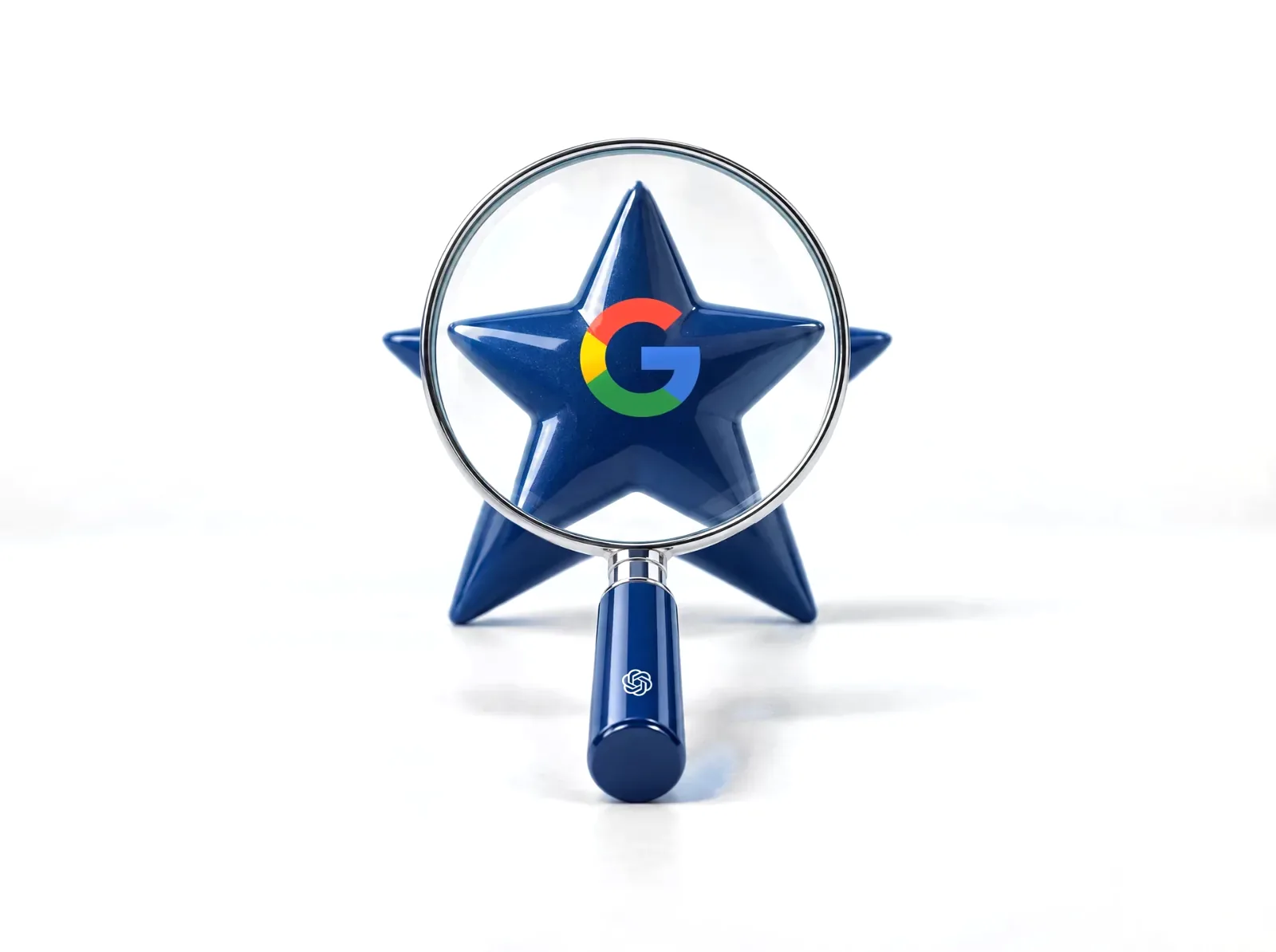 A magnifying glass examining a navy star carrying the Google logo, representing AI checking reviews