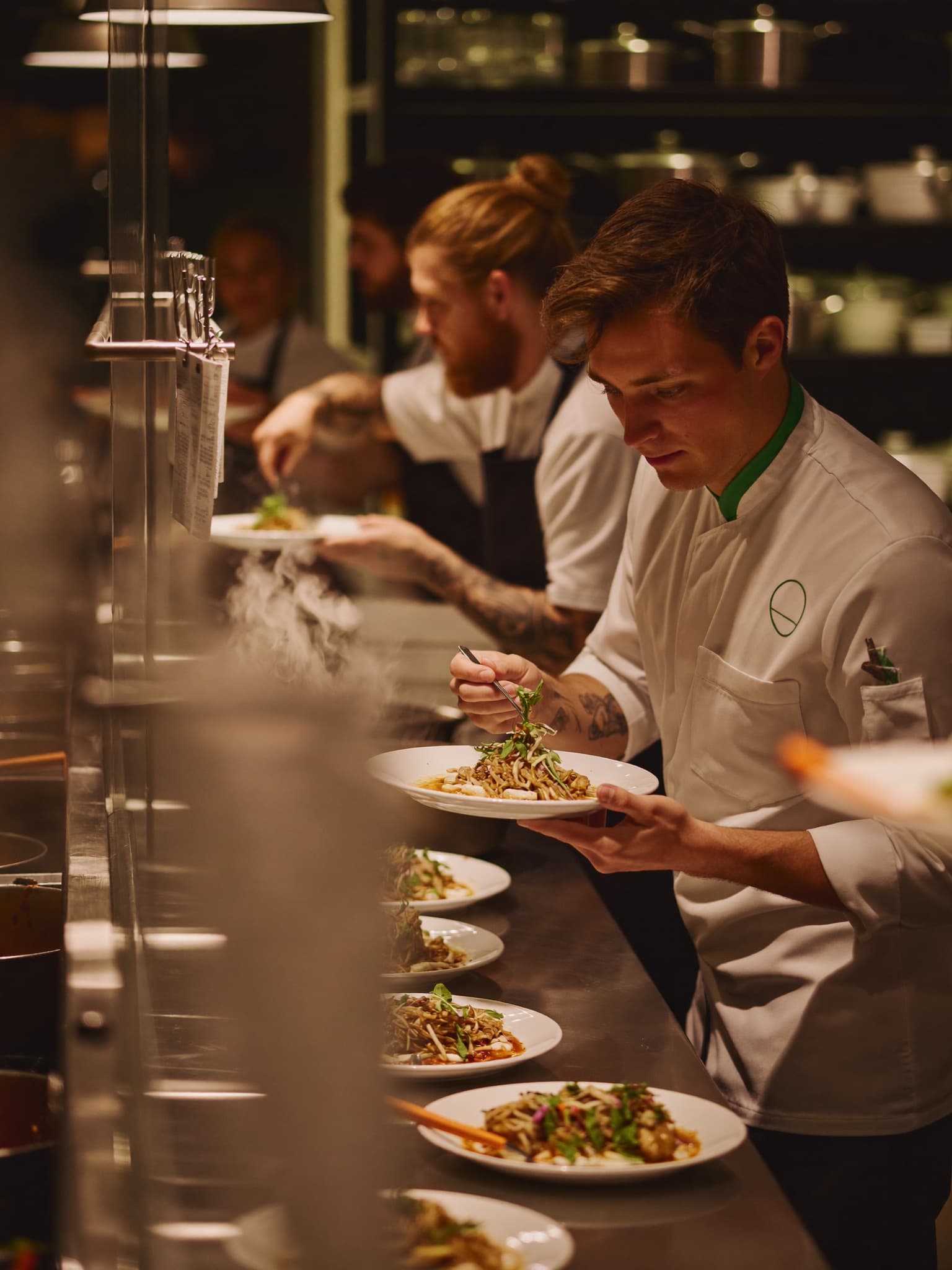 The kitchen pass during a dinner rush