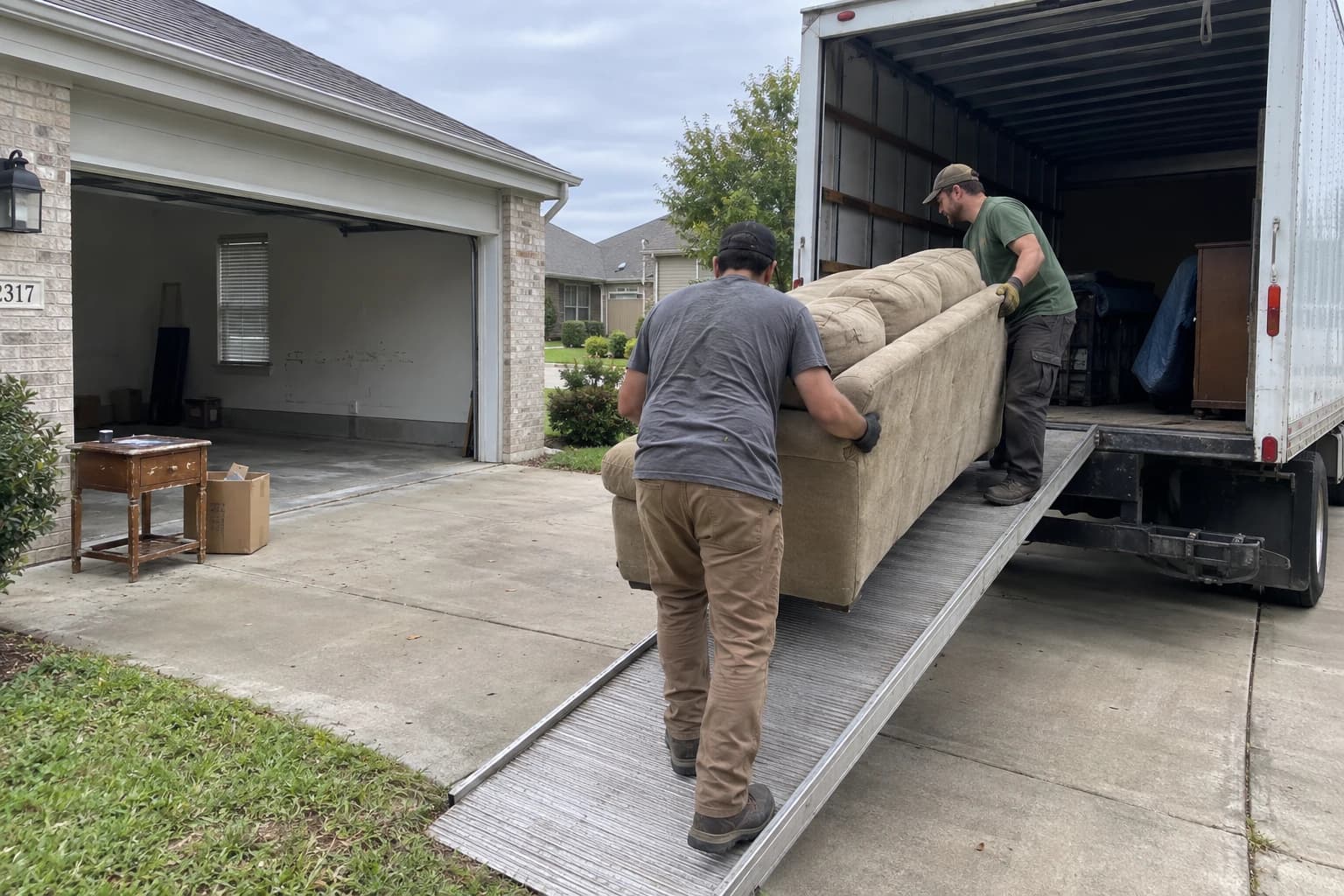 Illustrative scene of a junk removal crew loading a used sofa into a truck during a cleanout