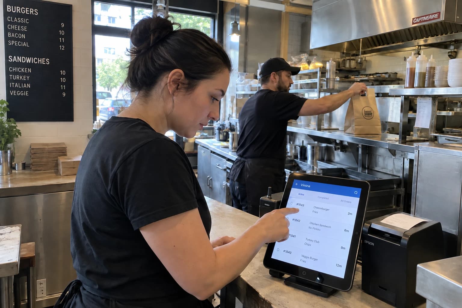 Illustrative scene of a restaurant owner checking incoming orders while a cook prepares a pickup