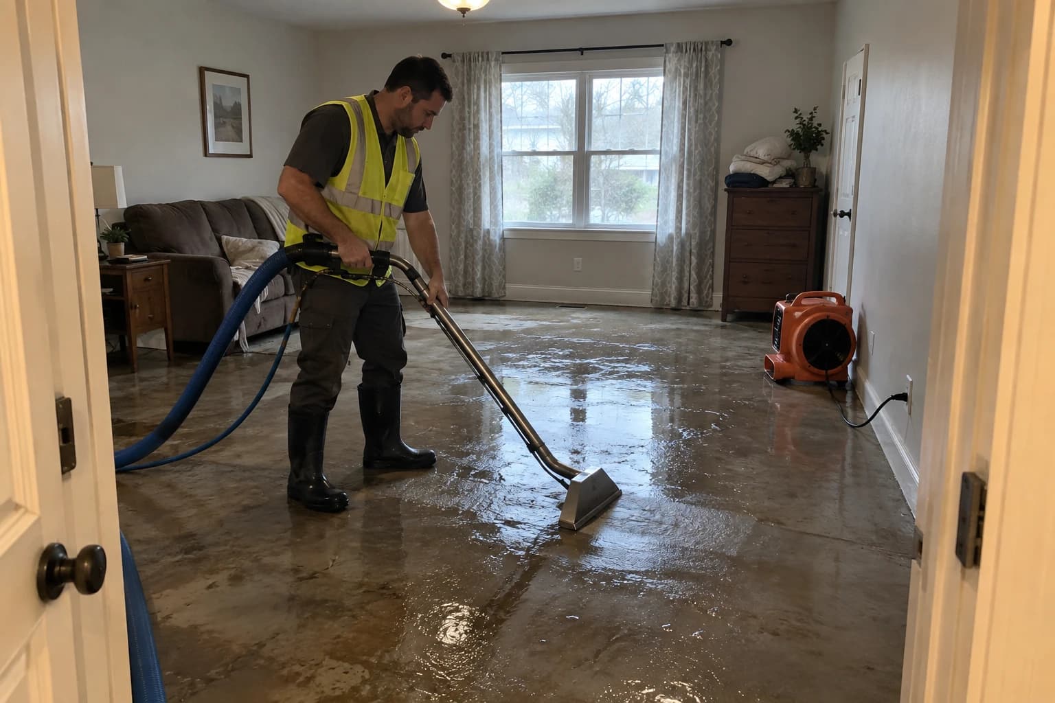 Illustrative scene of a male restoration technician in a reflective vest extracting water from a floor